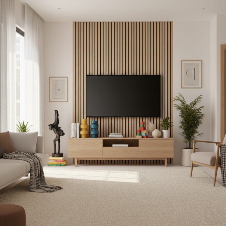 Panou decorativ perete TV cu lamele deschise într-un living modern