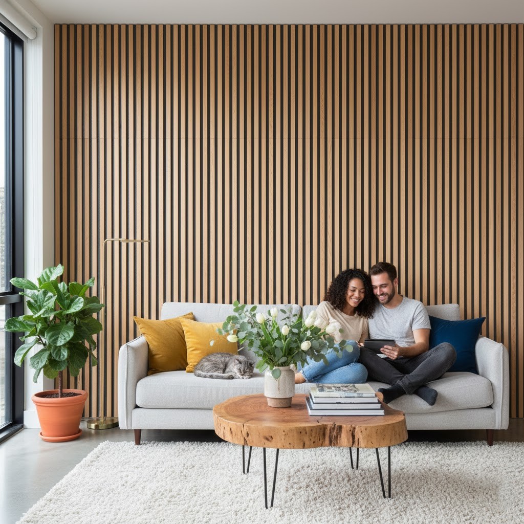 izolare fonică perete interior cu panouri fonoizolante din lemn în living modern