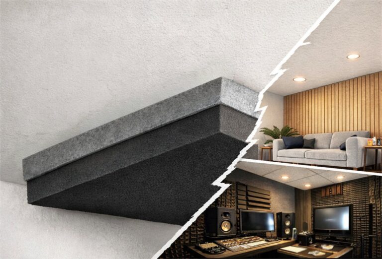 Izolație fonică subțire pentru tavan 9–20 mm cu strat de spumă și panou din fetru, exemplu în living și studio
